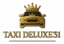 Logo Taxi Deluxe 31 doré représentant une voiture couronnée pour un service de transport de luxe et premium.