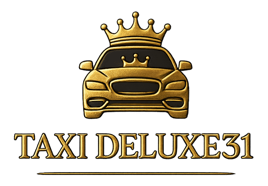 Taxi Deluxe 31 - Transport de Luxe et Service VTC Premium Logo Taxi Deluxe 31 doré représentant une voiture couronnée pour un service de transport de luxe et premium.